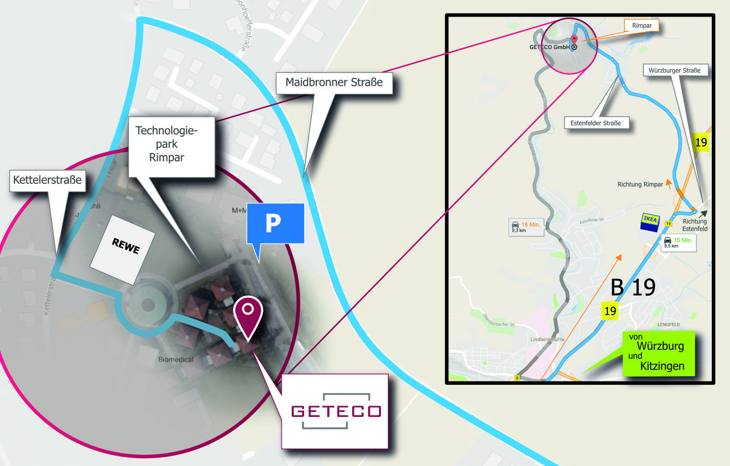Karte mit Markierung der GETECO-Geschäftsräume